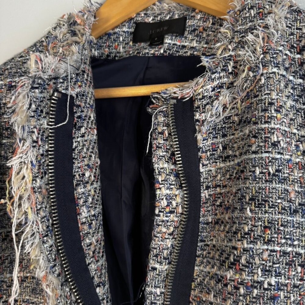 J. Crew Tweed Jacket Womens Fringe Zip Up Blazer Classic Career Suit - Size 6 - Picture 4 of 13